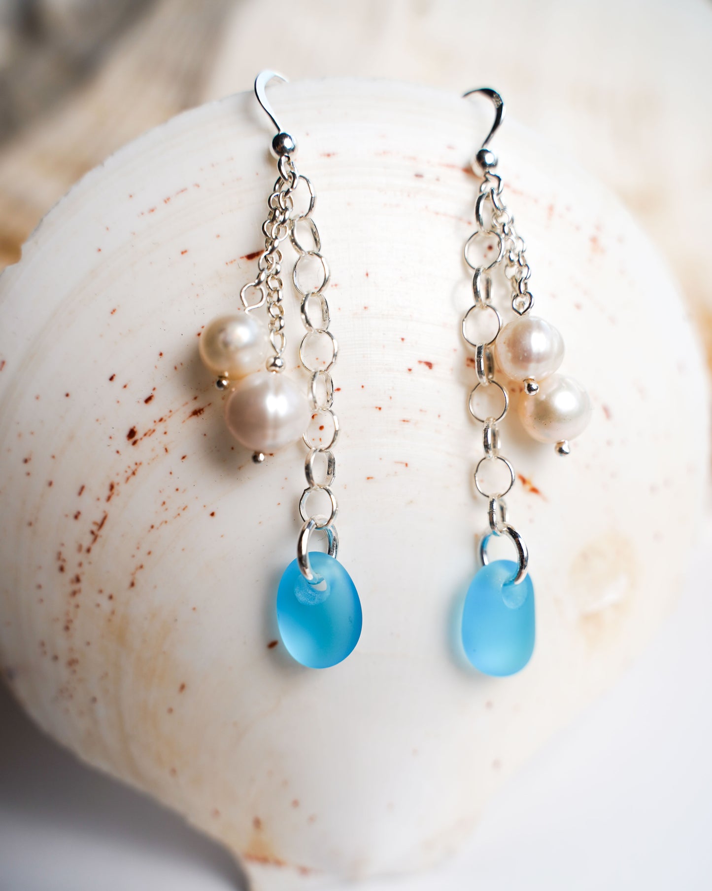 Venus Sea Glass and Pearl Earrings in Sterling Silver