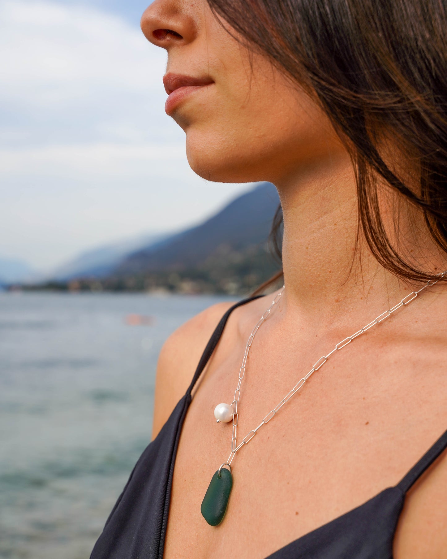 Aurora Sea Glass and Pearl Necklace in Sterling Silver