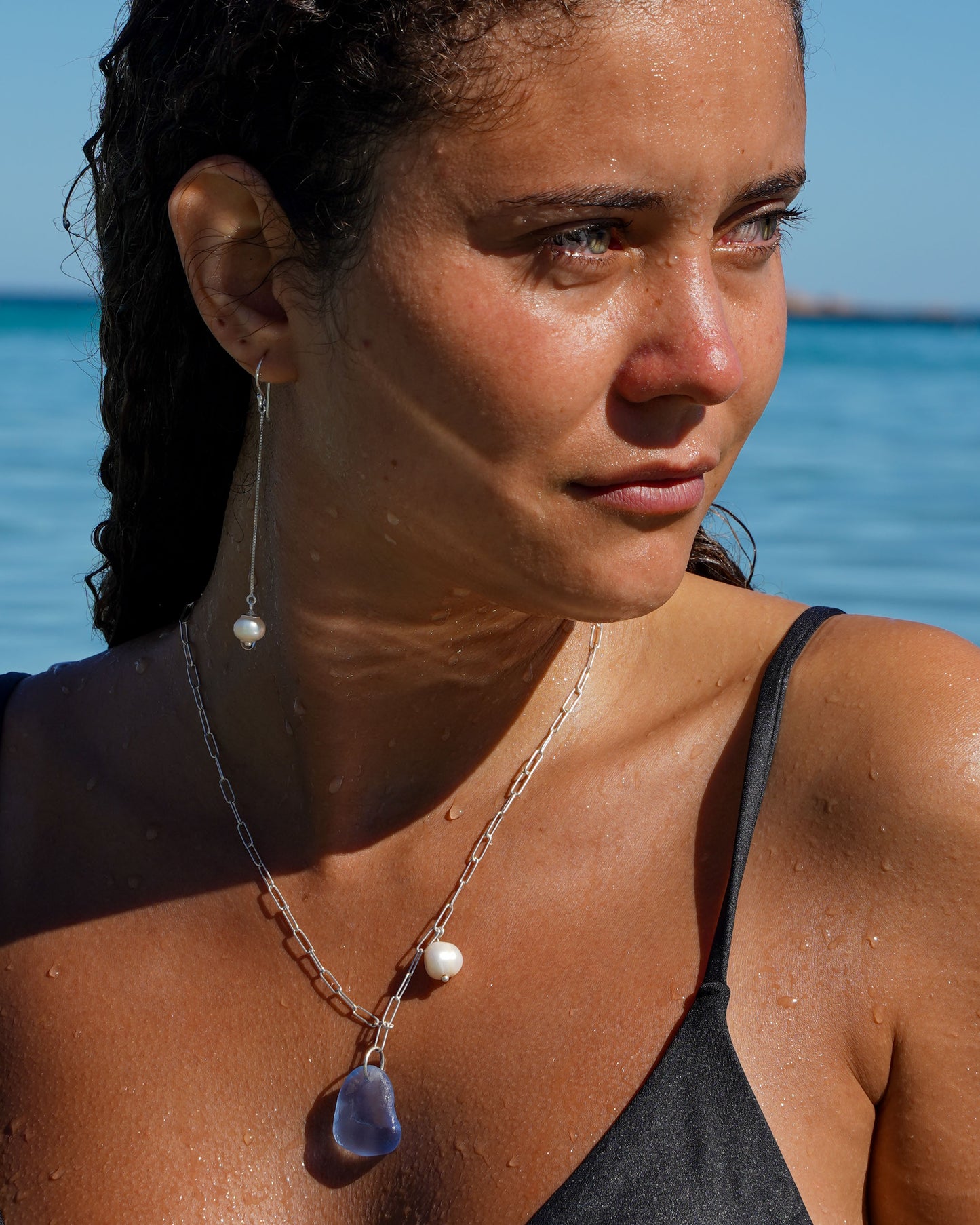 Aurora Sea Glass and Pearl Necklace in Sterling Silver