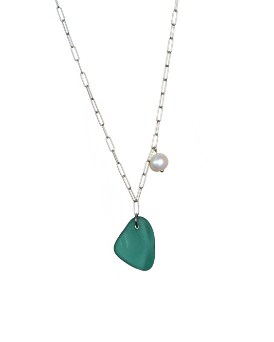 Aurora Sea Glass and Pearl Necklace in Sterling Silver