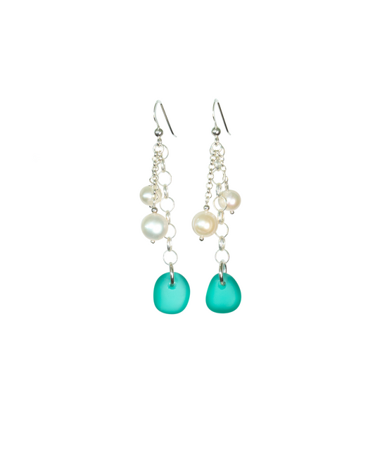Venus Sea Glass and Pearl Earrings in Sterling Silver