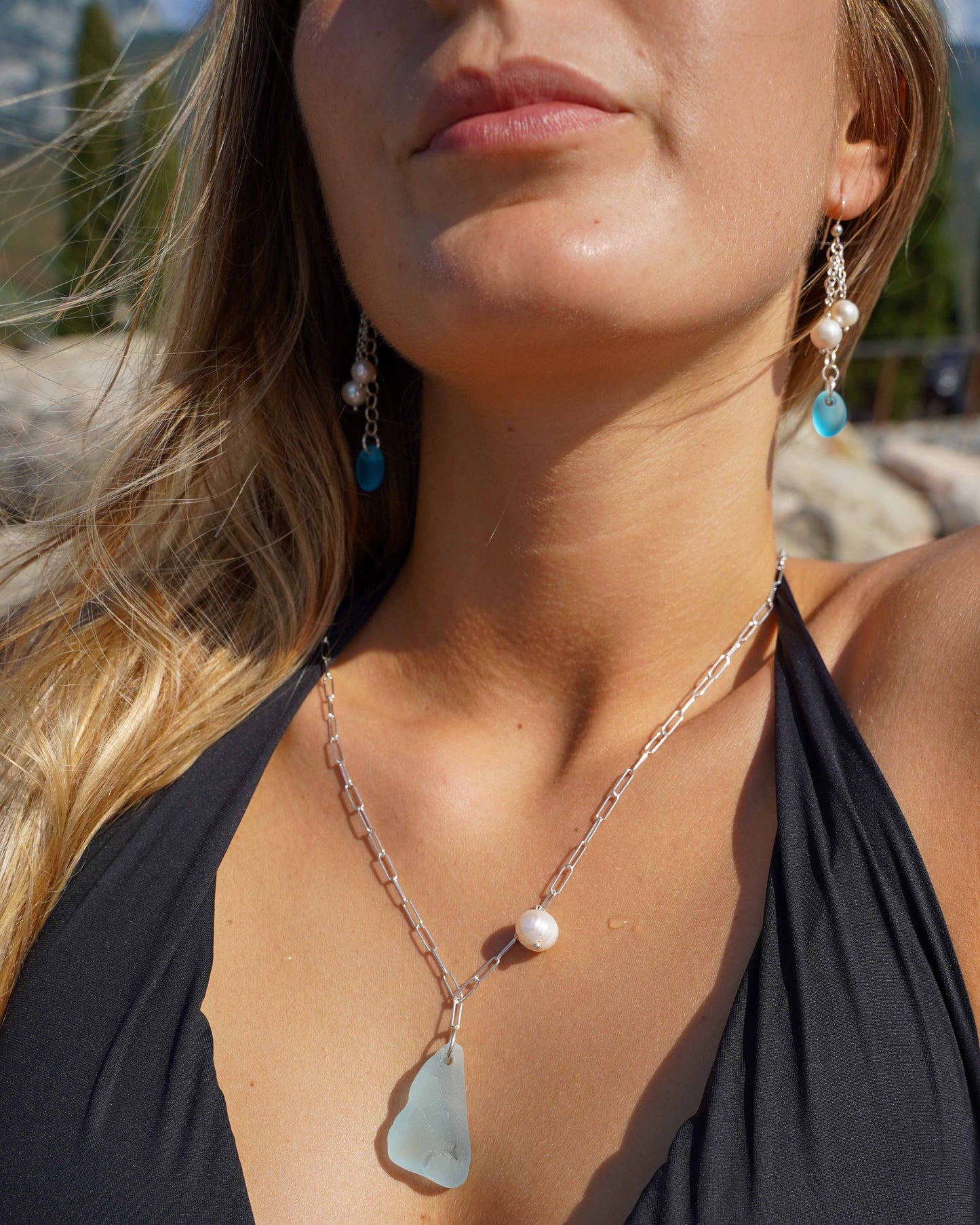Aurora Sea Glass and Pearl Necklace in Sterling Silver