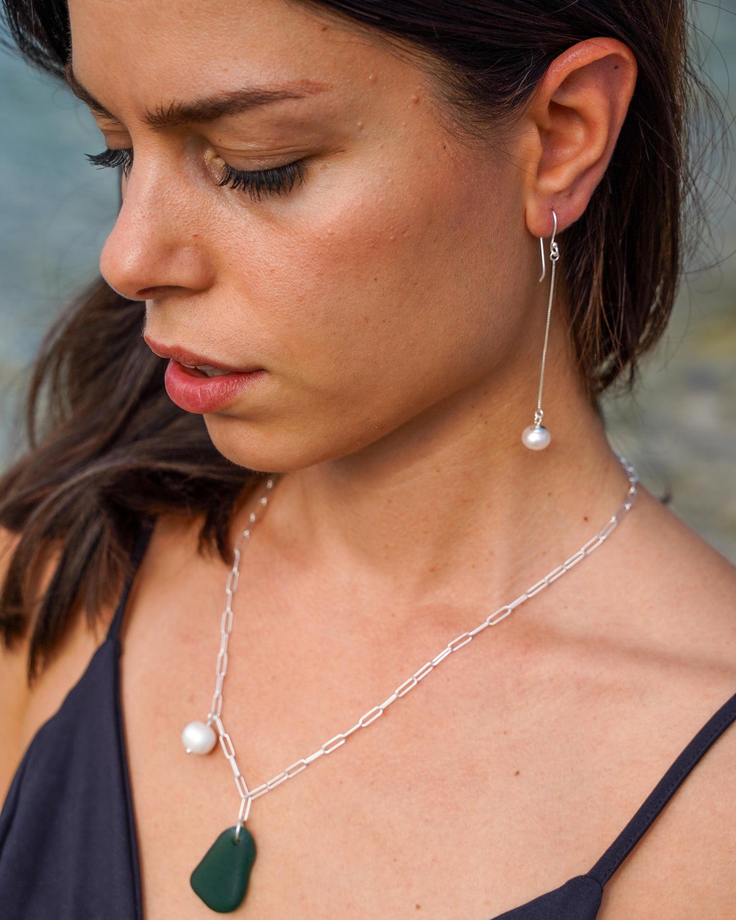 Aurora Sea Glass and Pearl Necklace in Sterling Silver